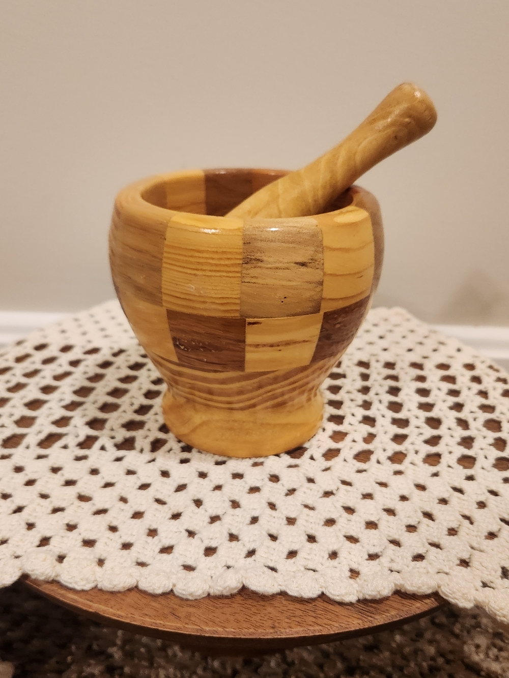 Wooden Mortar and Pestle Set With Checkerboard Pattern